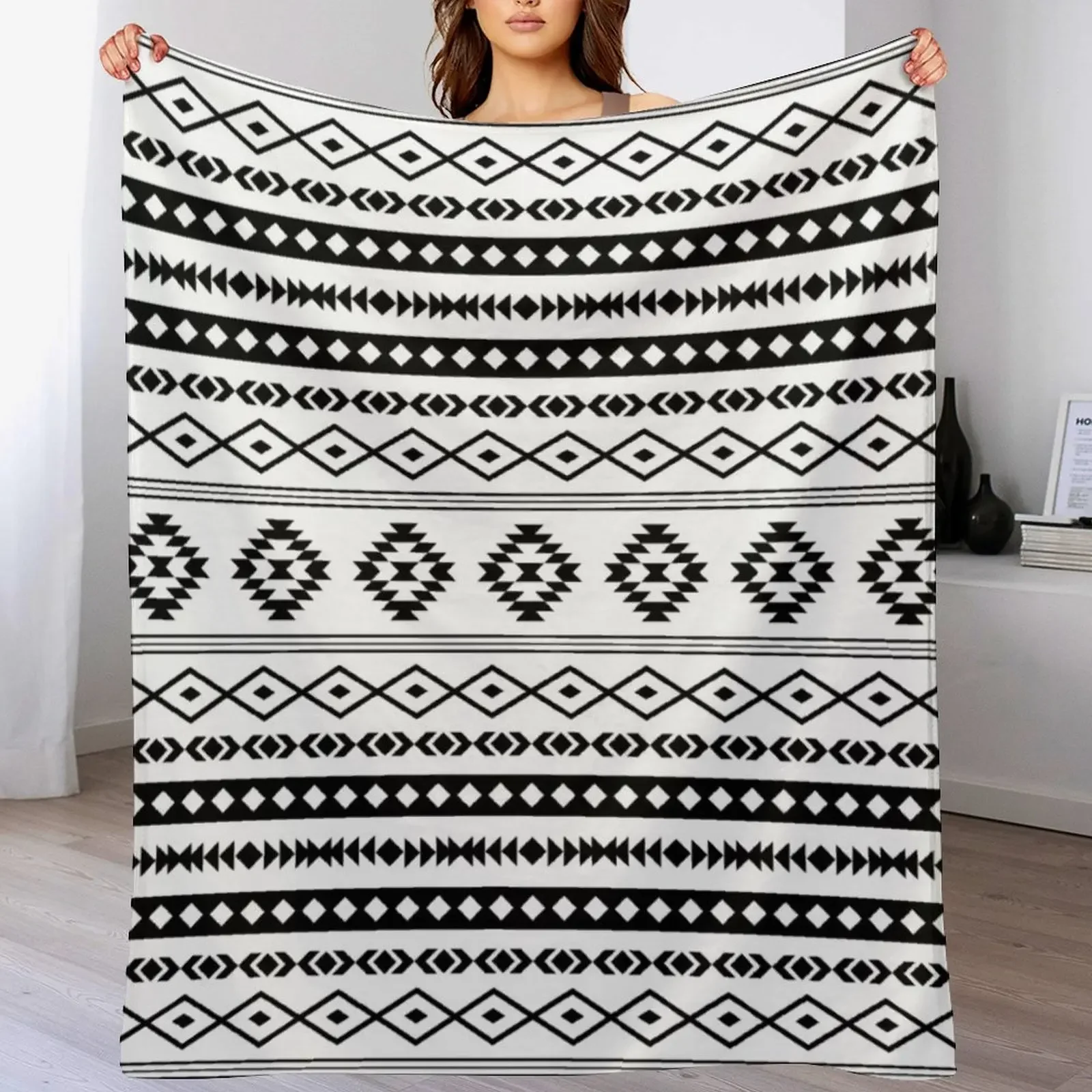Aztec Black on White Mixed Motifs Pattern Throw Blanket Soft Breathable Blanket for Night Sleeping