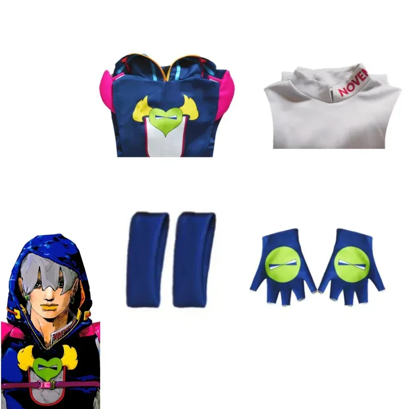 Anime The JOJO Lands Jodio Joestar Cosplay Costume Hooded Blue Jumpsuits Rompers T-shirt Adult Man Halloween Christmas Suitx;8's