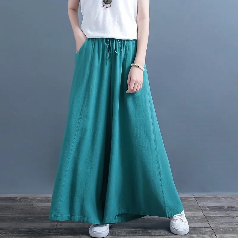 Spring Women Pants Wide Leg Long Trousers Summer Solid Thin Cotton Linen Pants Chinese Style Casual Loose Trousers beige black