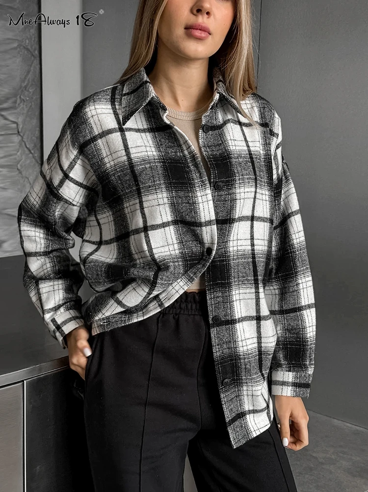 

Mnealways18 Gingham Streetwear Women Long Sleeve Tops Autumn 2024 Classic Lapel Oversize Casual Plaid Shirts Office Ladies Loose