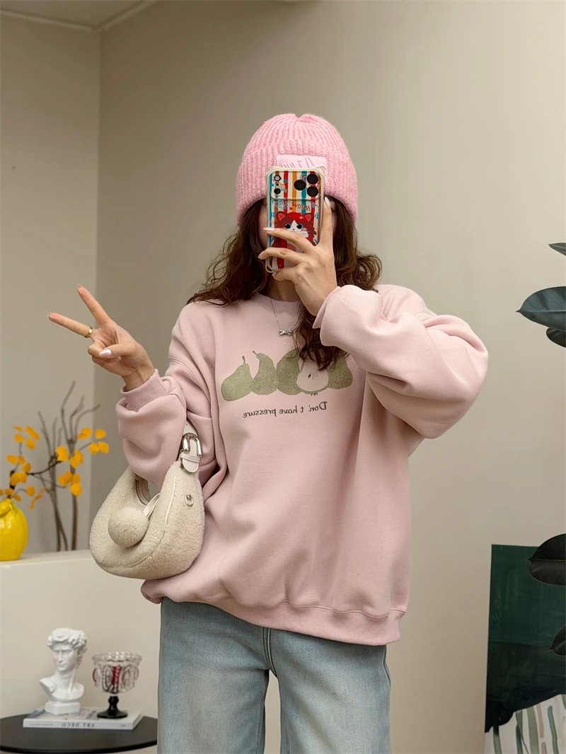 

Cartoon Fruit Dog Print Oversized round Ne Fce Lined Hoodie Women's Autumn Winter Sweatirt Comfortable Loose Fit Girls