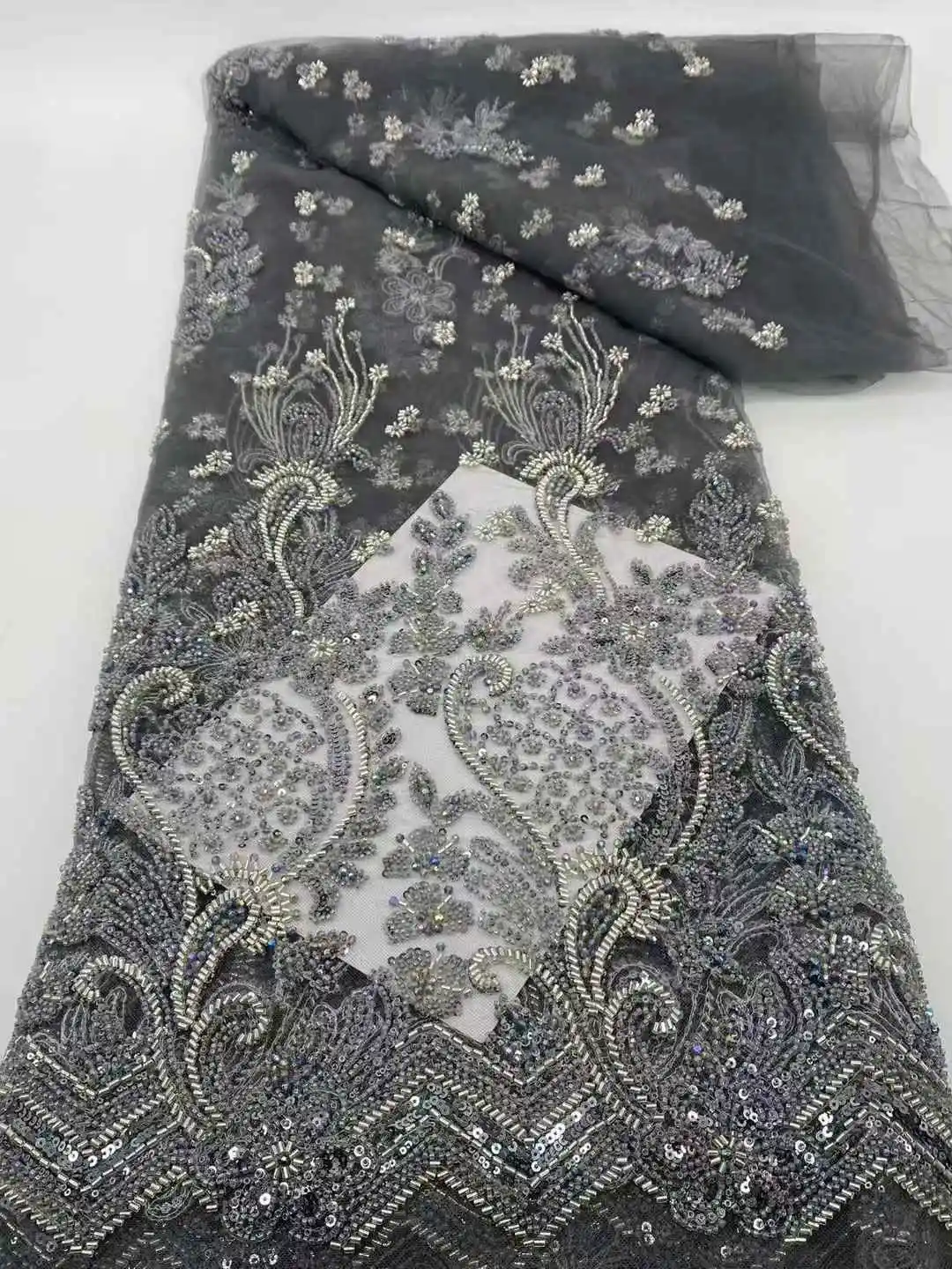 

Luxury African Lace Fabric French Net Sequins Beads Fabric 2025 High Quality Sewing Embroidered Lace Tulle Nigerian