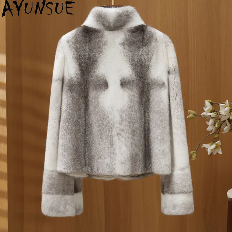 AYUSNUE Cross Mink Fur Coat Women Winter Clothes Luxury Real Fur Womens Coat Stand Collar New in Coats Whole Mink Шуба Женская