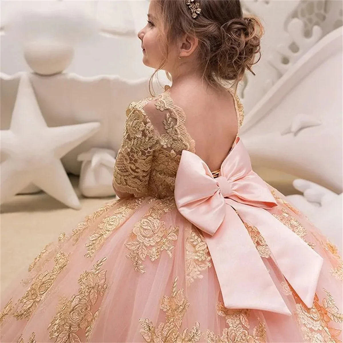 Blumen mädchen Kleid rosa Tüll geschwollene Champagner Gold Spitze Bogen Gürtel rücken frei Luxus Hochzeit Erstkommunion Geburtstags feier Ballkleid