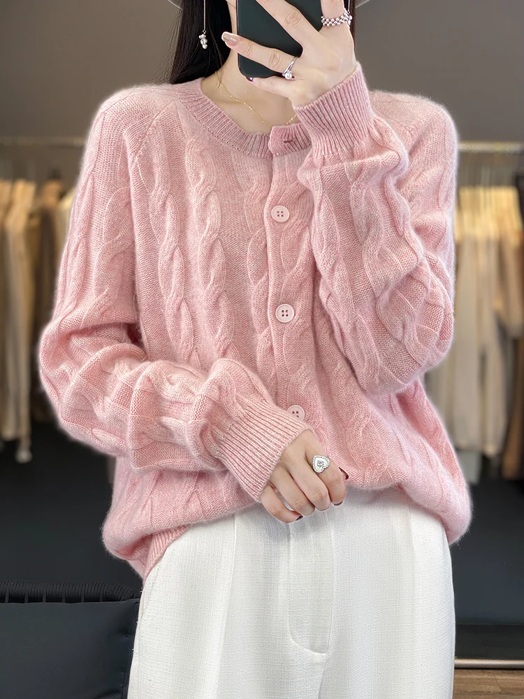 

100% Merino Wool Women O-neck Cardigan Sweaters Autumn Winter Thick Twist Flower Long Sleeve Cashmere Knitwear Female Clothes