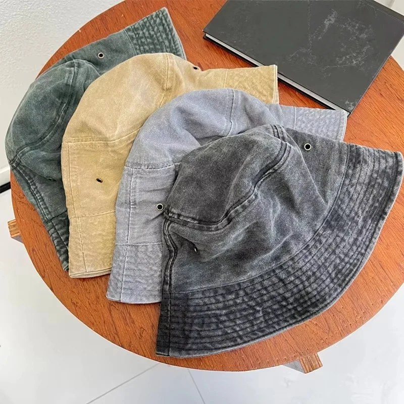 Customized printing logo washed fisherman hat for couples, fashionable vintage basin hat, breathable solid color thin design
