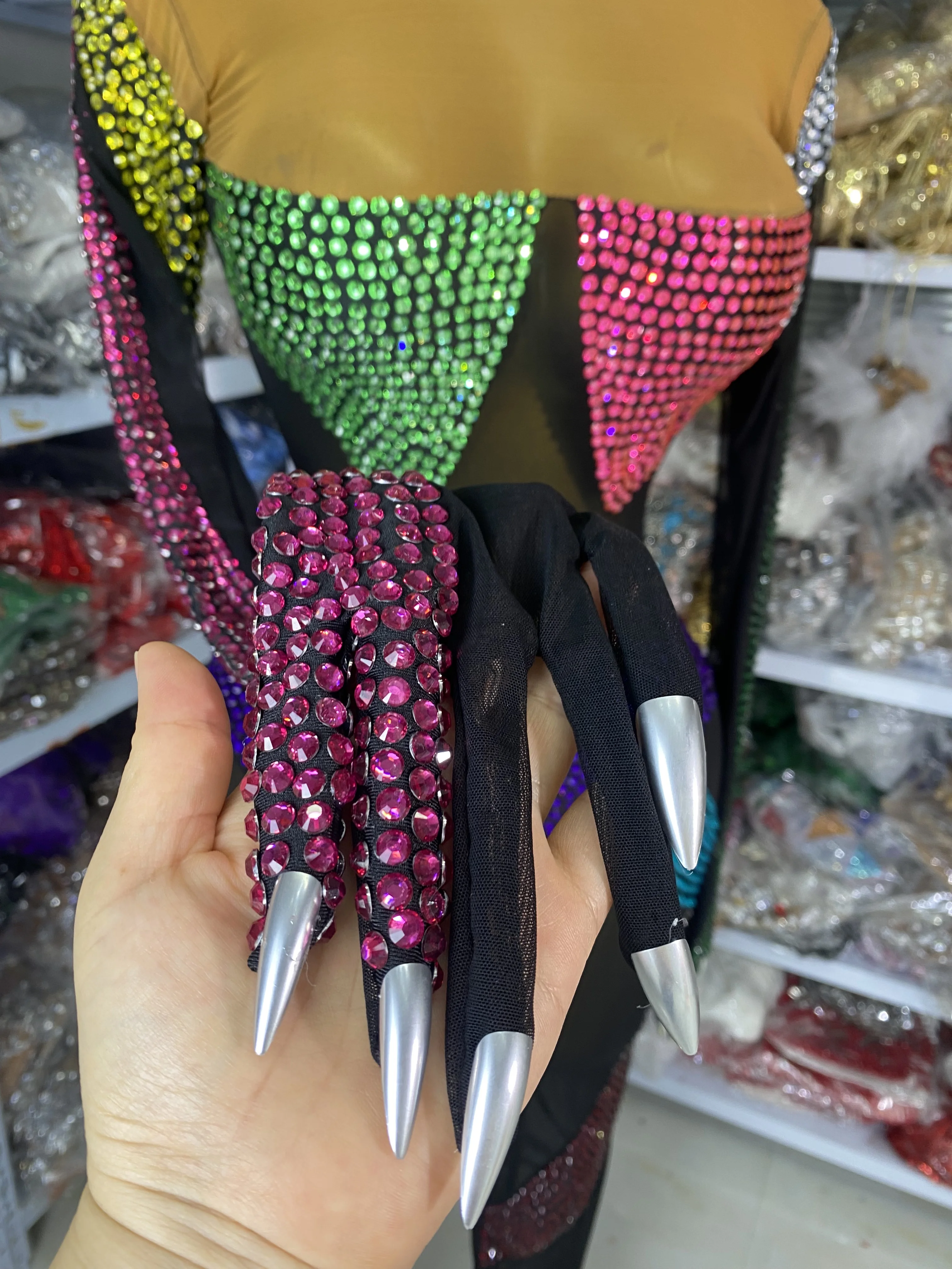 

Women Colorful Rhinestones Mesh Gloves Sleeve See Through Bodycon Halloween Dress Evening Club Party Cosplay Stage Costumes