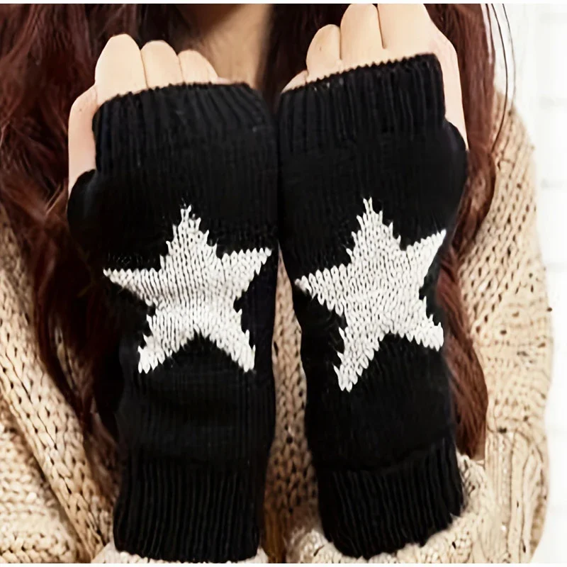 1 Pair Winter Fingerless Gloves Women Thick Elastic Knitted Wool Warm Half Finger Mittens Outdoor Driving Y2K Pentagram Gloves