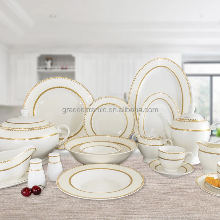 Tableware OEM Competitive Price 12 Pcs Luxury Decal Fine Bone China Dinner Set Wedding Dinnerware Set12 Piece White Gold Rim