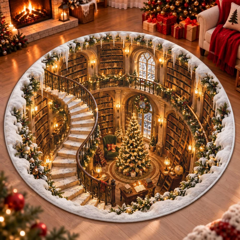 Christmas Snowman Area Rug Quilt Pattern Deep Well Floor Mat Festive Living Room Entryway Bedroom Beautiful Circle Rug Souvenir