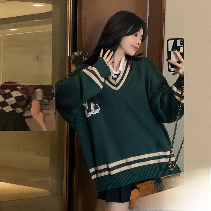 فضفاض الخامس Ne إلكتروني التطريز متماسكة سترة المرأة Sle الخريف الشتاء جديد كلية العصرية الكورية فضفاض اللون Blo مباراة جميع