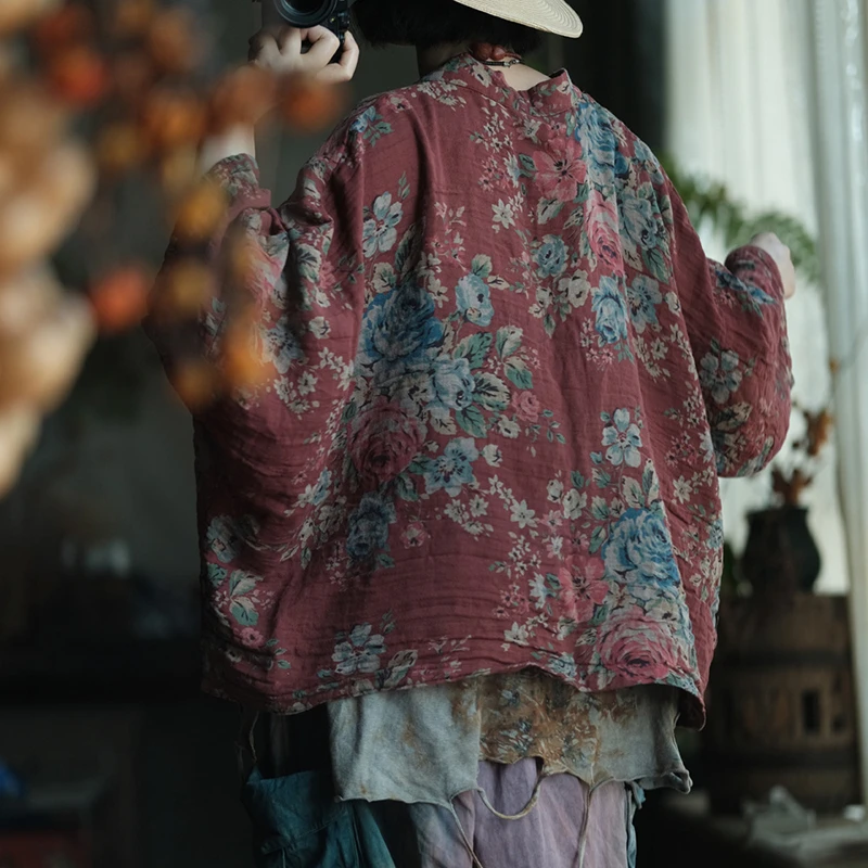 Oversized Women Casual Cotton Shirt New 2025 Spring Vintage Style Floral Print Loose Female Batwing Sleeve Tops Shirts M1391 - Image 6
