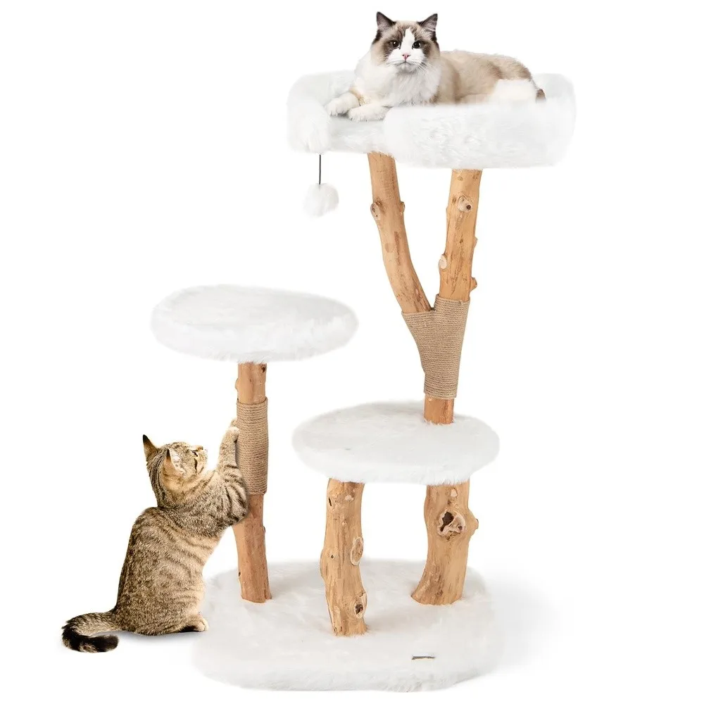Solid Wood Cat Tree Modern Wooden Cat Tower with Perch Jute Scratching Posts Dangling Ball Soft Long Plush Luxury Cat