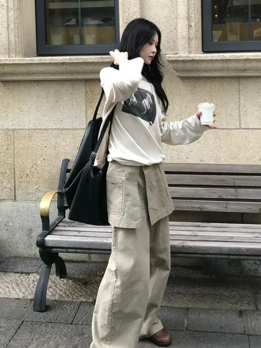 Korean Style High Waist Straight Leg Pants Women's Fake Two-Piece Apron Wide Leg Workwear Trousers Casual Floor-Length