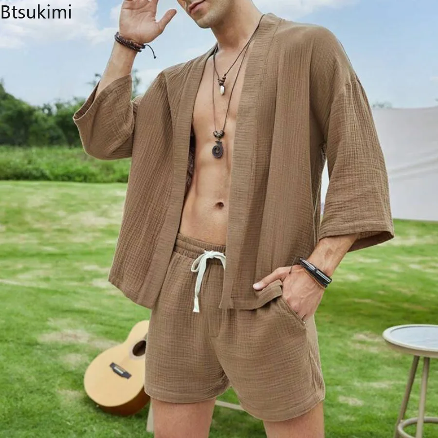 Summer Fashion New Men's Clothing Two Piece Sets Vintage Casual Cardigans and Shorts Male Solid Loose Leisure Vacation Outfits