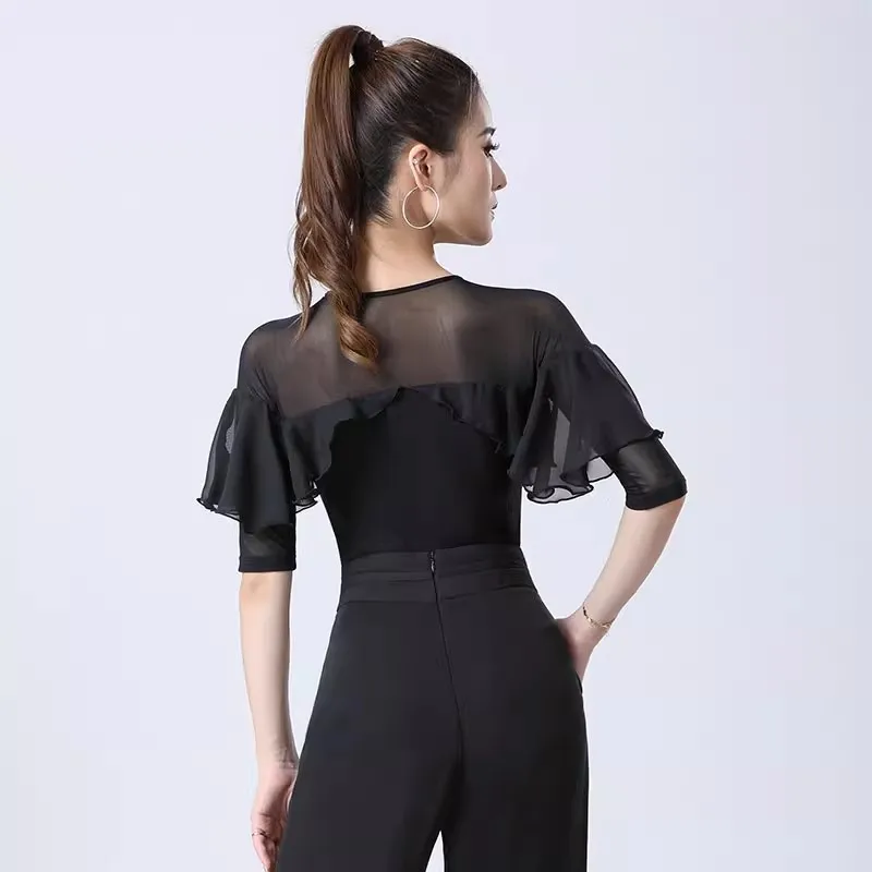 Women Modern Dance Clothes 2023 New Performance Ruffled Sleeves Waltz Blouse Bodysuit Ballroom Latin Dance Leotard Tops