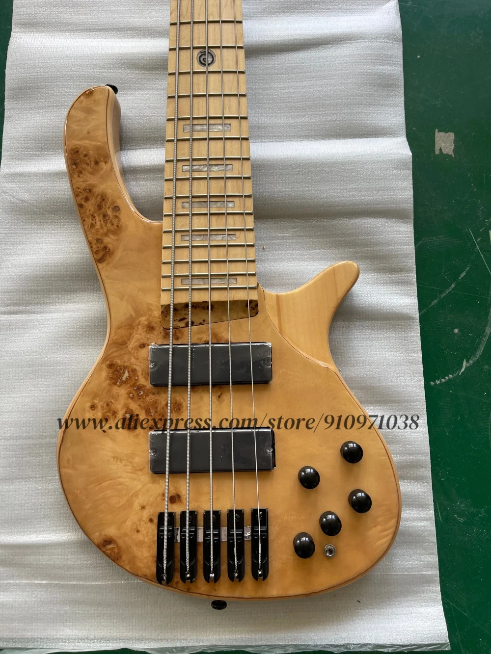5 string natural bass guitar, fixed bridge, Ash wood body, Burl maple top,maple fretboard, white shell inlay, customizable