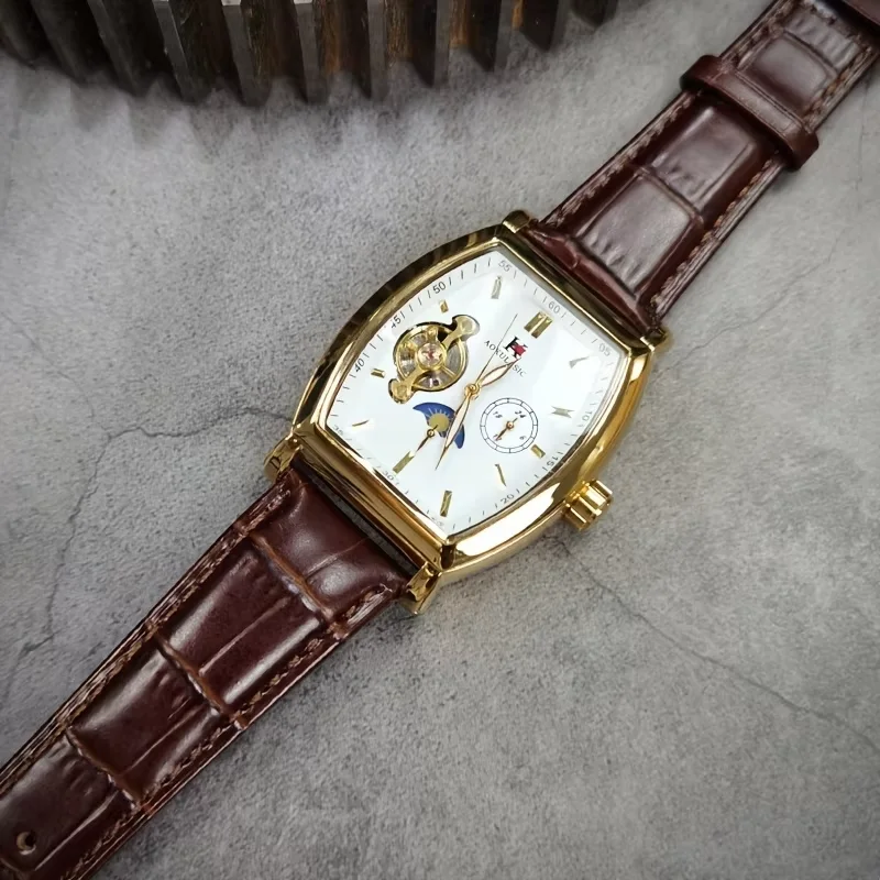 

Barrel-Shaped High-End Mechanical Watch with Hollow Design, Stylish Business Men's Watch, High-End, Handsome, Fashionable, Versatile, Casual Men's Wristwatch, the Best Birthday Gift for Him, No Batteries Required