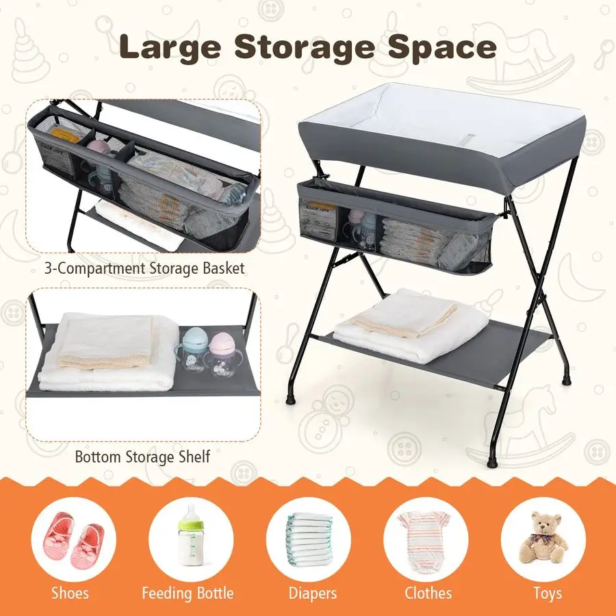 Changing Table, Portable Baby Changing Table Foldable Diaper Changing Station with Safety Belt, Large Storage Rack amp Shelf, Nu