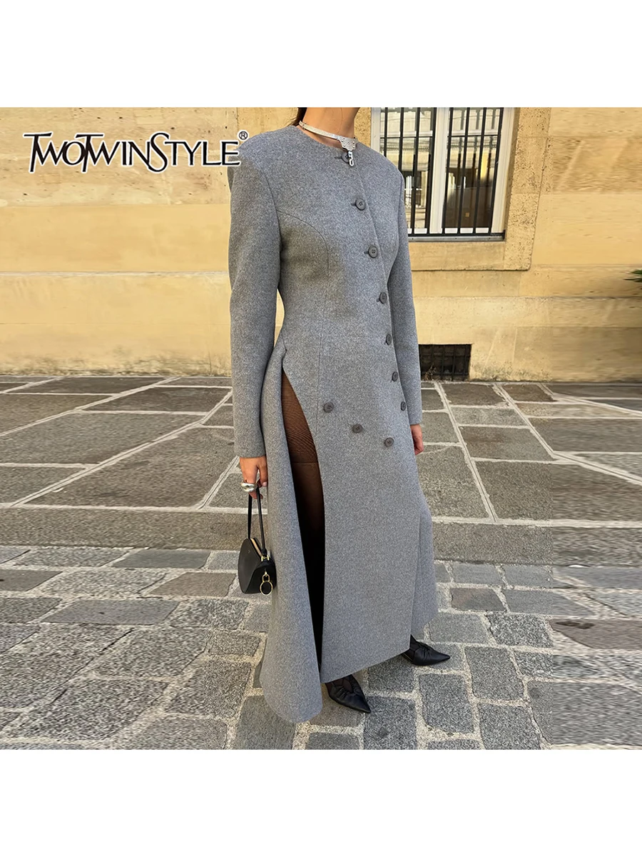 

TWOTWINSTYLE Solid Spliced Buttons Minimalist Coats for Women Round Neck Long Sleeves Split Tunic Elegant Coat Female Clothing