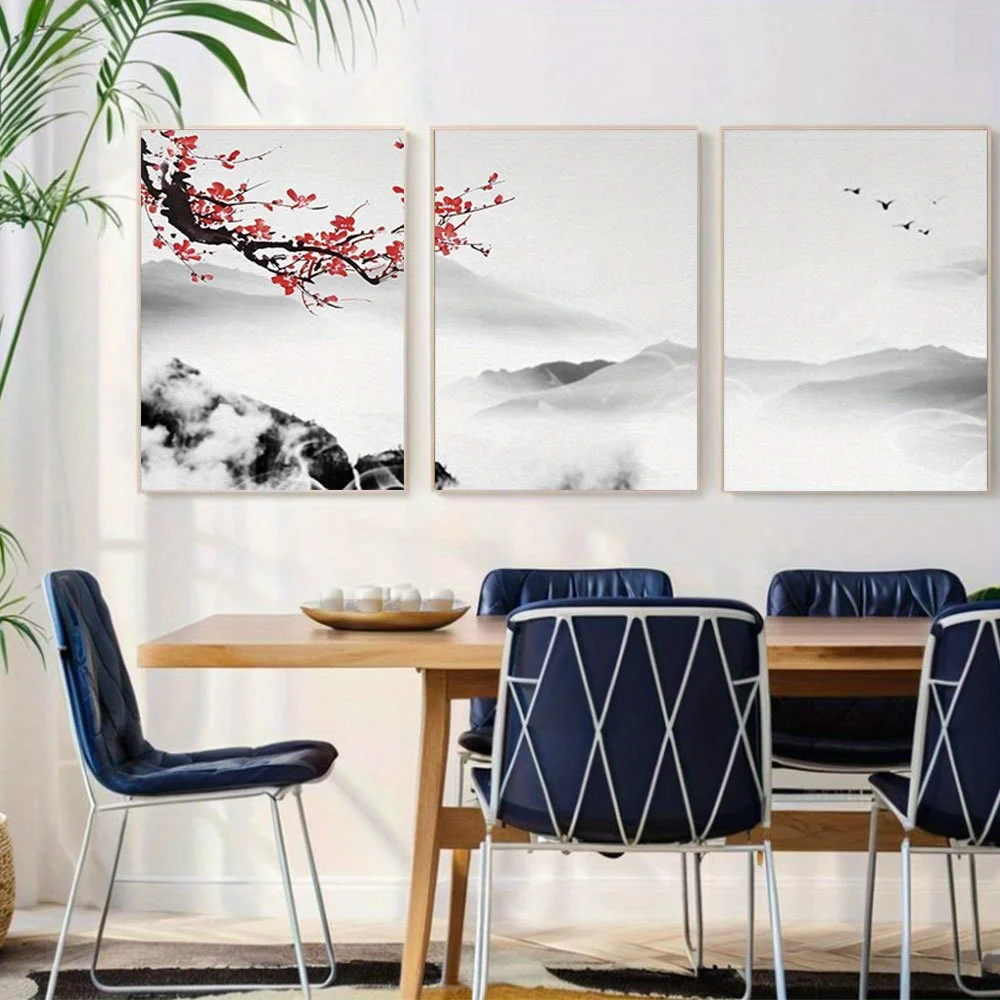2D Flat 3pcs Unframed wall Canvas Print Wall Art Set Red Cherry Blossoms Over Misty Mountain Range Nature Wilderness Illustra