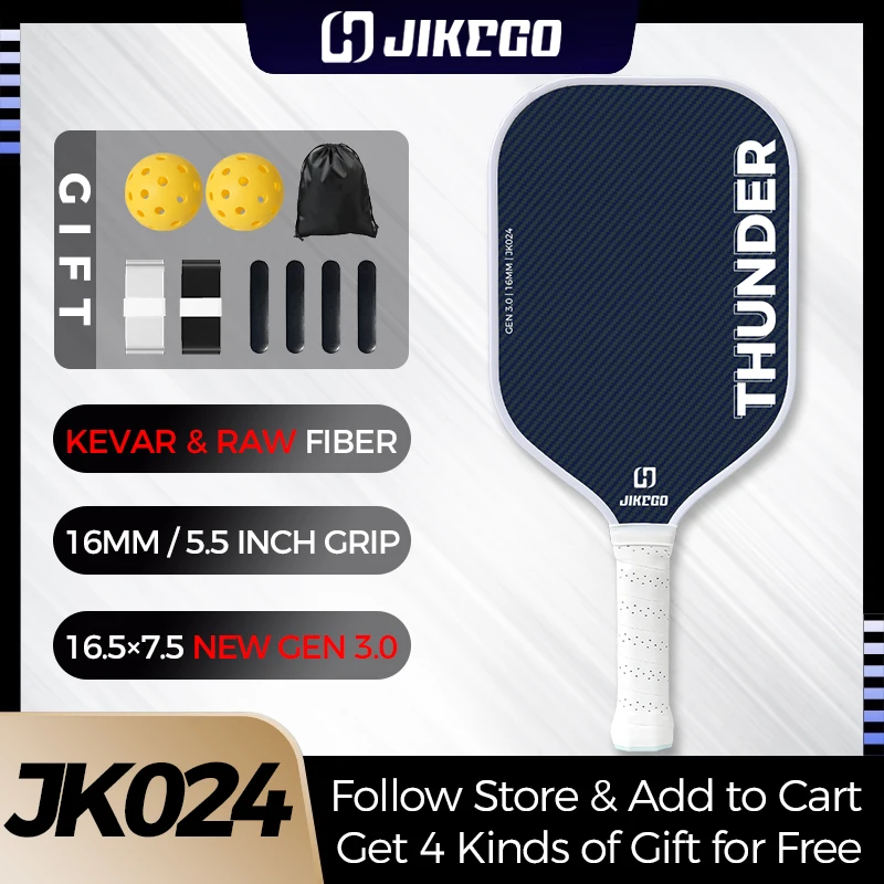 

JIKEGO THUNDER Gen 3.0 Pickleball Paddle Kevlar Mix Raw Carbon Fiber 16MM Propulse Core Elongated Foam Edge Thermoformed JK024