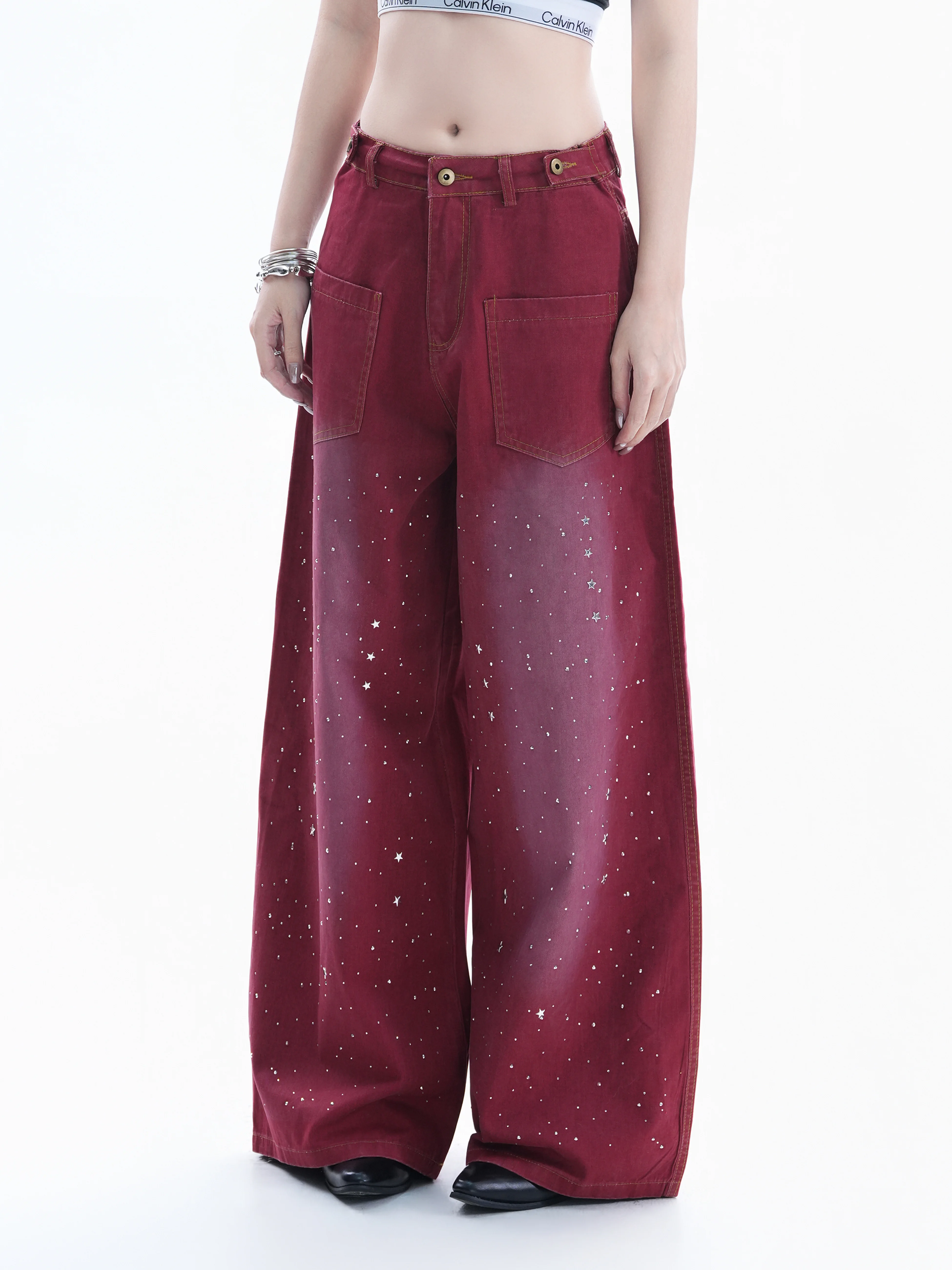 American Retro Rhinestone Denim Jeans Women Loose Straight Gradient Vintage High Street Slimming Floor-Length Pants