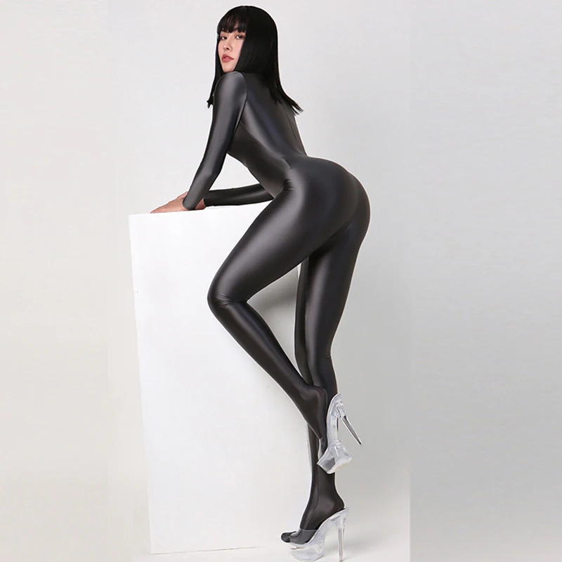 Shiny Satin Sexy Zentai Women Long Sleeve Bodysuit Full Length One-piece Tights Silky Catsuit Black Jumpsuit Clubwear Streetwear