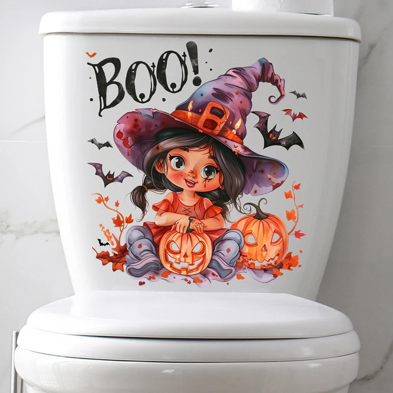 2025 Halloween Toilet Seat Stickers Cute Witch Pumpkin Pattern Toilet Lid Decals for Bathroom PVC Toilet Stickers