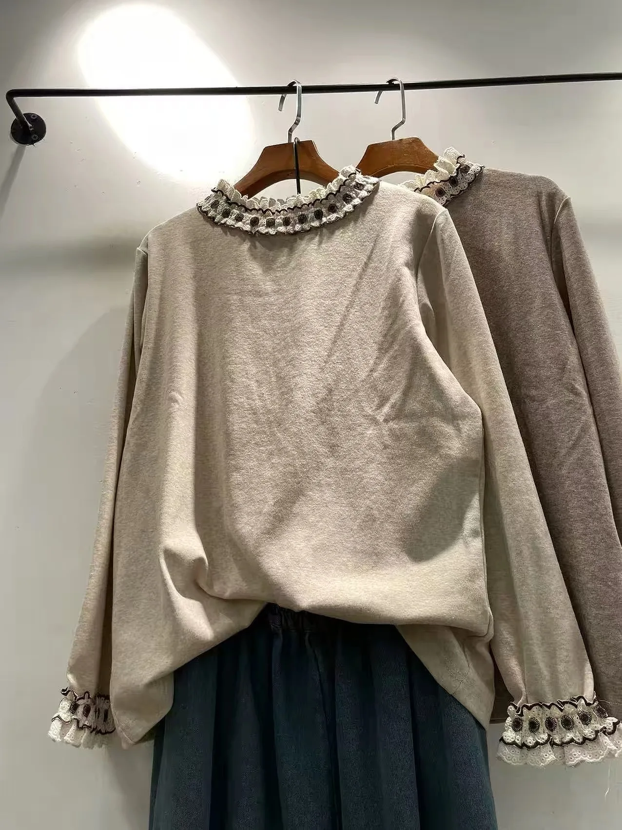 Mori Girl Vintage 100% Cotton Ruffled Lace Trim Knit Top for Women Round Neck Long Sleeve Pullover Shirt Soft Loose Blouse