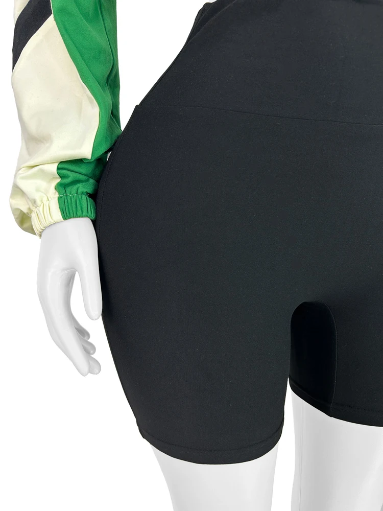 Herbst Damen Zweiteiler Set: Farbblock Crop-Zip-Jacke und Biker-Shorts mit Stehkragen und elastischem Saum, Streetwear Sportlich Lässiger Trainingsanzug – Detail 9