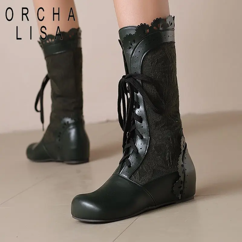 

ORCHA LISA2025 Милые женские ботинки до середины икры с круглым носком, каблук 4 см, шнуровка, большие размеры 44 46 47 49 50 Красный Белый Зеленый