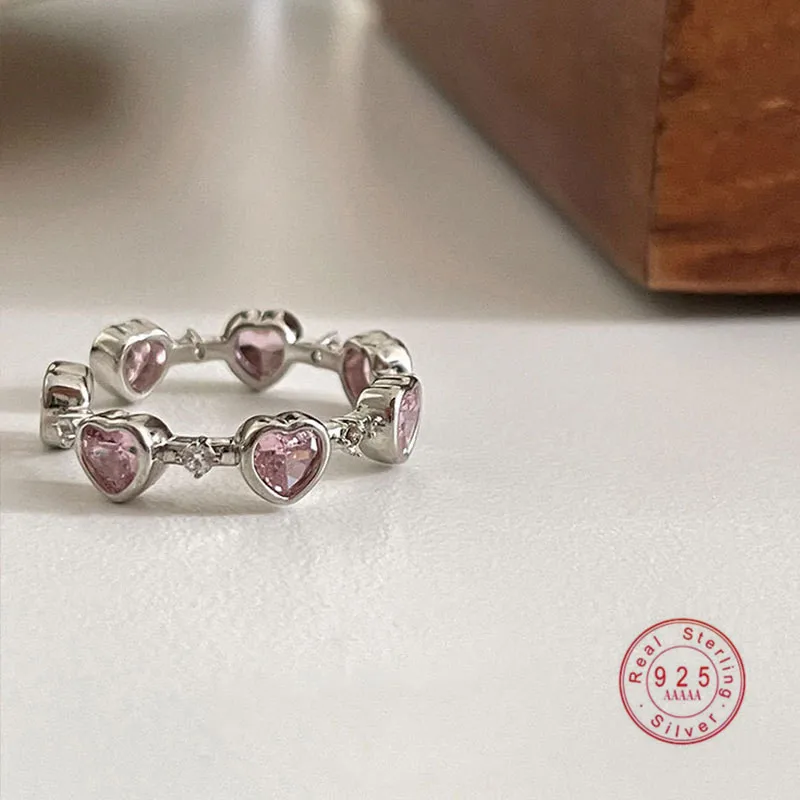 Three Dimensional Pink Heart Zircon Open Ring Women 925 Sterling Silver Sweet Romantic Anniversary Jewelry Gift