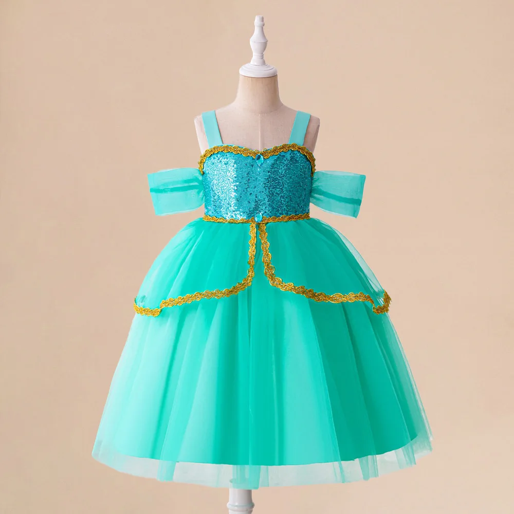 Girls Jasmine Princess Dresses Girl Sequin Cosplay Party Dress Child Shining Disney Birthday Gift Kids Elegant Evening Costumes