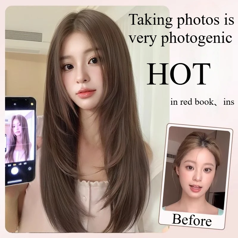 Brown Wig Female Long Straight Hair Wig Cool Girls Layering Lace Front Wigs Fashion Natural Synthetic Headband Wigs Cosplay 가발
