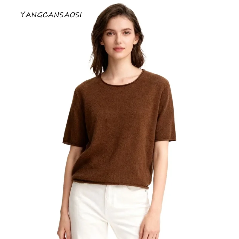 

2025 Women's Early Autumn New Round Neck Curled Edge 100% Wool Short Sleeve Skin Friendly Inner Solid Color Knitted Sweater