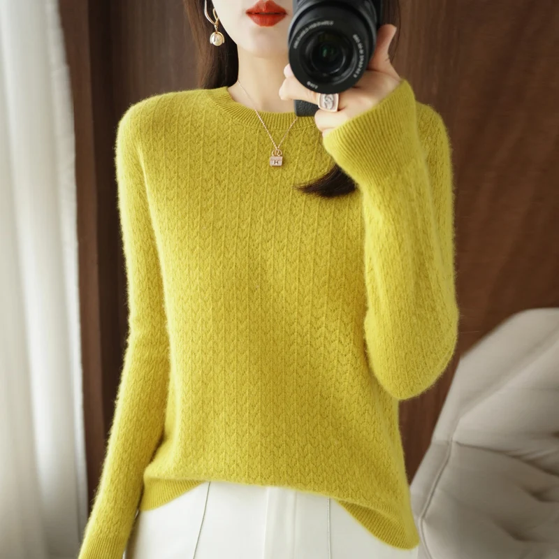 

100% Wool Women Sweater O-Neck Autumn Winter Pink Casual Slim Knitted Female Pullover Women Clothes Hollow Out Knitwear