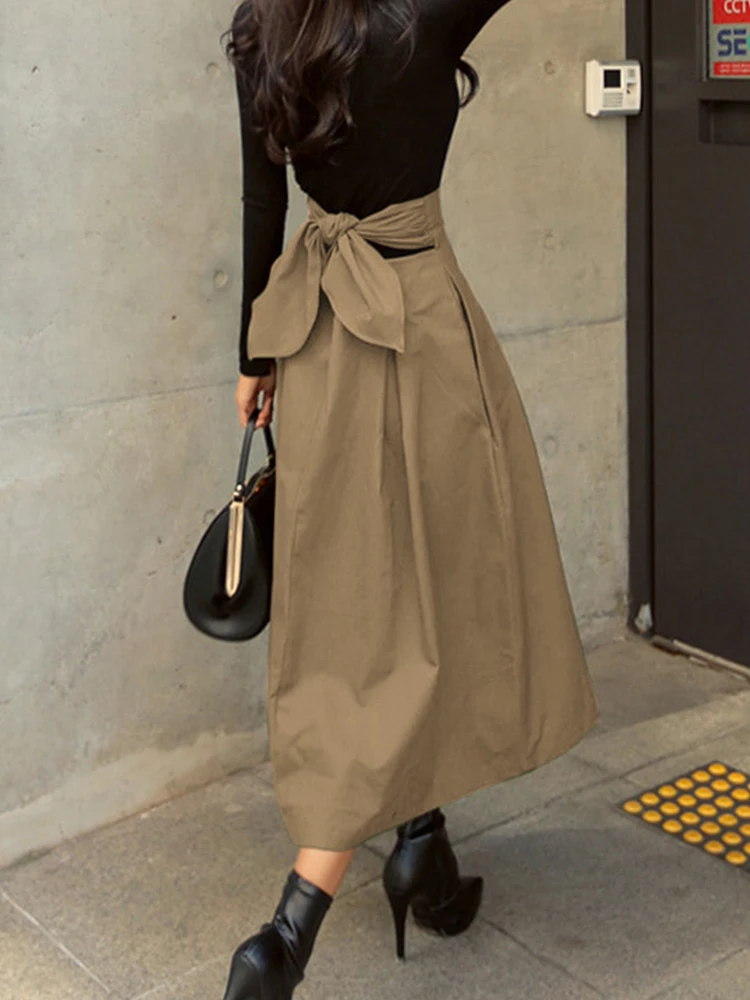 Trendix Vintage High Waist Pleated Skirt Women Autumn Fashion Retron Street Midi Skirts Office Commuting Elegant Long Skirt 2025