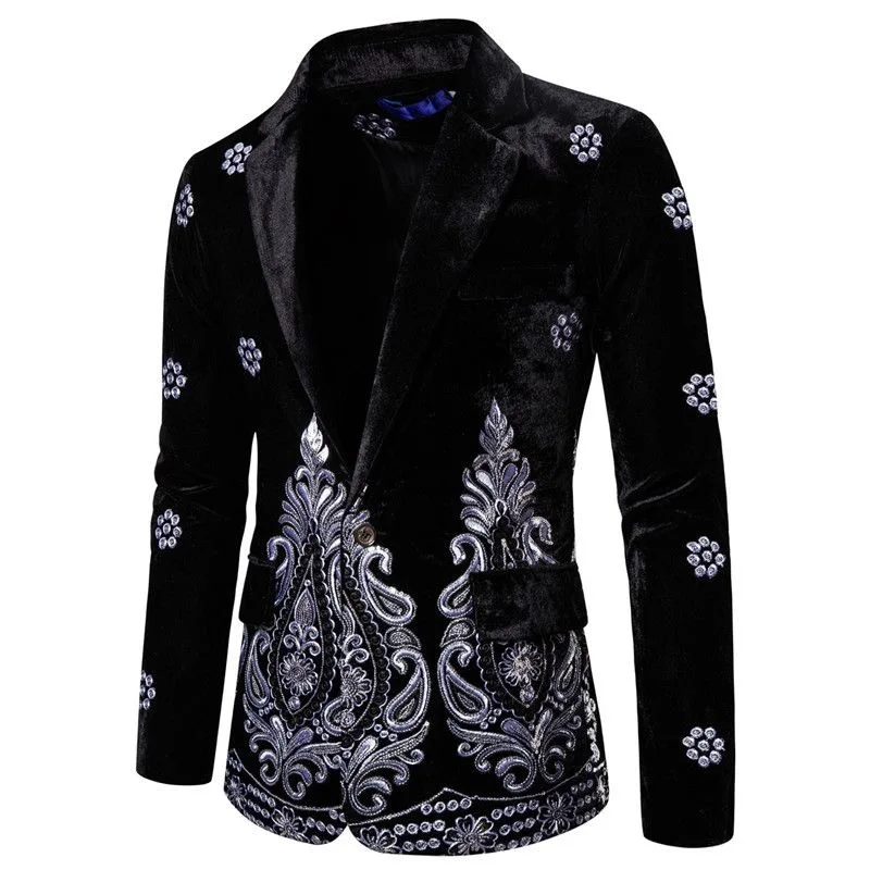 Men's Retro Slim Blazers Coats Autumn New Velvet Single Breasted Jackets Male Fashion Silver Embroidery Everything Suits Dress