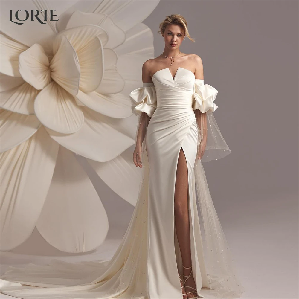 LORIE Vintage Mermaid Wedding Dresses Pleats Off Shoulder High Side Slit Bridal Gowns Puff Sleeves Glitter Backless Bride Dress