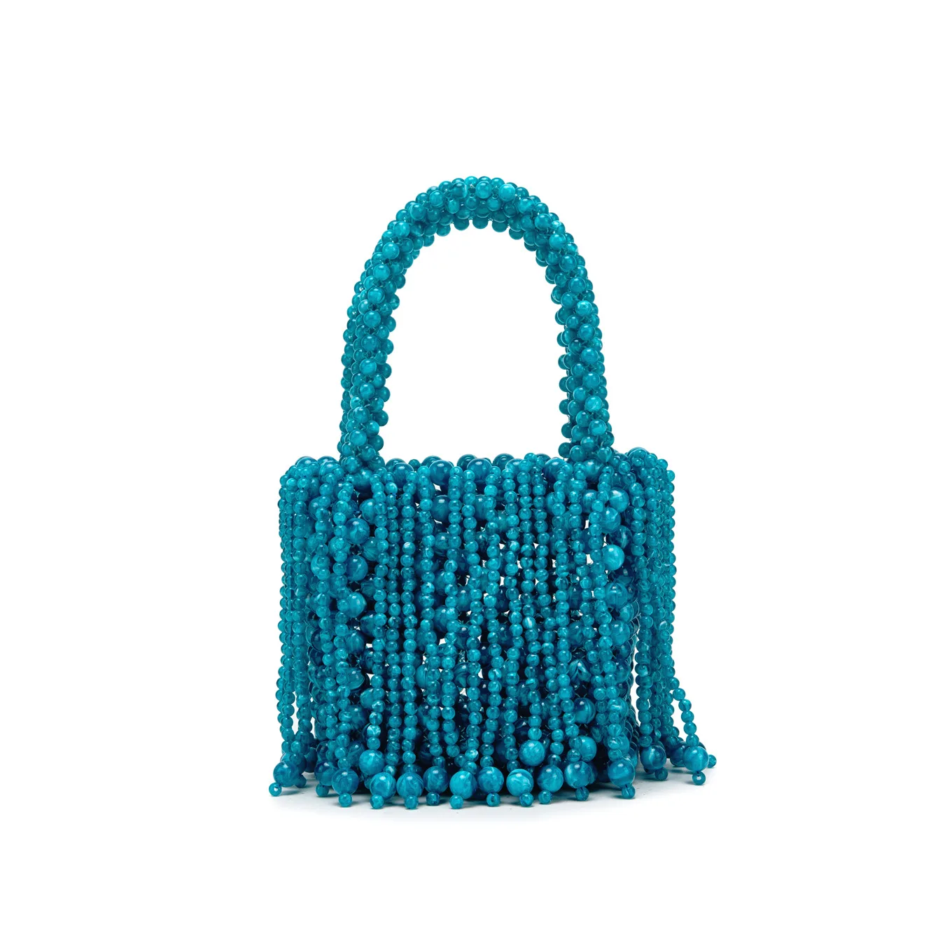 Handwoven Beaded Fringe Mini Tote, Turquoise Acrylic Beaded Bag, Boho Summer Top-Handle Purse for Beach & Party