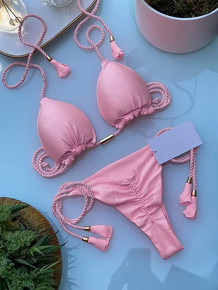 Conjunto de Bikinis con cordones lisos para mujer, traje de baño Sexy de 2 piezas, traje de baño dividido, Bikinis sin espalda de cintura alta, conjunto de Bikinis de estilo playero para verano 2025