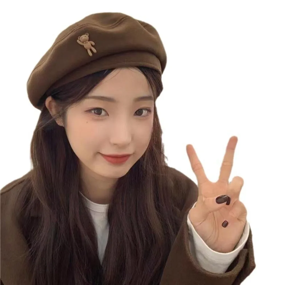 Retro Little Bear Woolen Newsboy Hat Solid Color Keep Warm Cloud Painter Cap Windproof Beanies Bonnet Women Girl