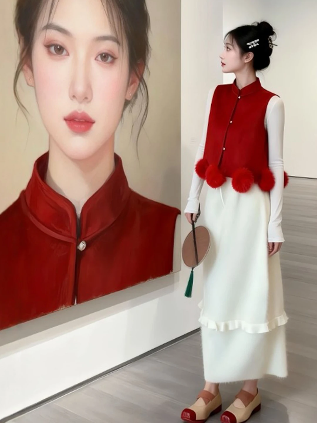 

Red Color Gentle Sle Vest T-irt Skirt Set Spring New Year's Clothing Set Comfortable ort Sve Long Sve Cotton Blend