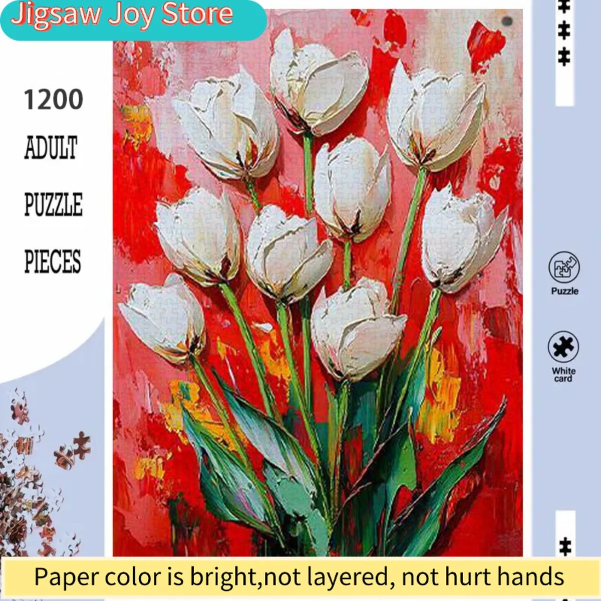 

A Puzzle Featuring White Tulips on a Red Backdrop, Measuring 23.62inch by 31.5inch, Perfect for Decorating Your Living