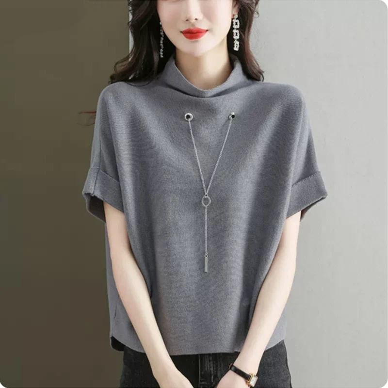 Qingdao primavera verão novo solto batwing sve malha ort sve camiseta feminina f gola alta casual faion básico sle