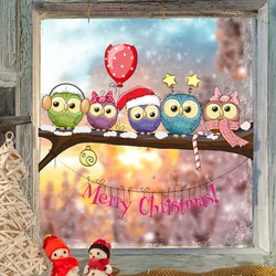 Pegatinas de pared de búho navideño en rama para decoración del hogar, Mural, decoración para sala de estar, papel tapiz, ventana de cristal, calcomanía para Festival de Año Nuevo