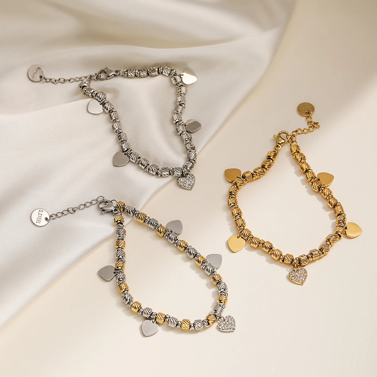 NEWBUY العصرية غير يتلاشى الفولاذ المقاوم للصدأ الخرز القلب سحر أساور للنساء مجوهرات اكسسوارات الحفلات