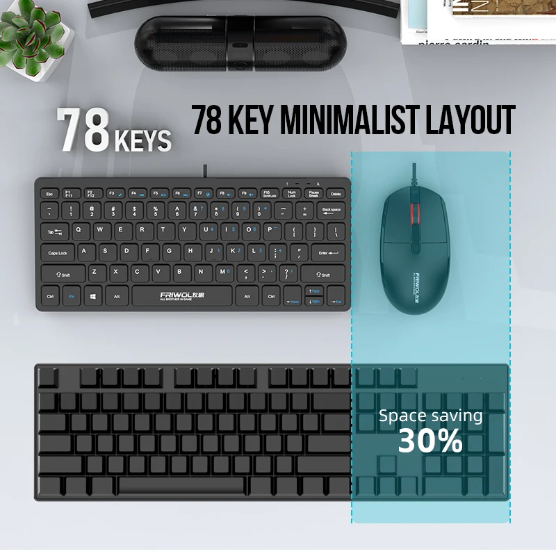 FRIWOL KT-100 مجموعة ماوس لوحة المفاتيح السلكية 78 مفتاح لوحة مفاتيح صغيرة محمولة USB سطح المكتب كمبيوتر محمول مكتب المنزل ضوء الصوت #2