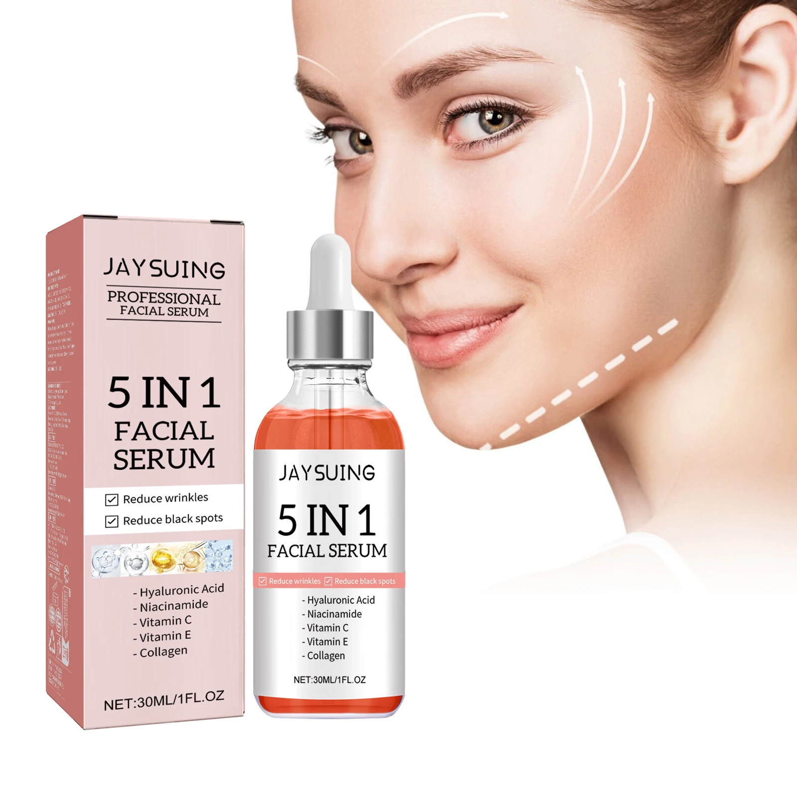 JAYSUING 5 in 1 Facial Serum Hyaluronic Acid Vitamin C Shrink Pores Hydrating Brightening Fade Fine Lines Firming Facial Serum